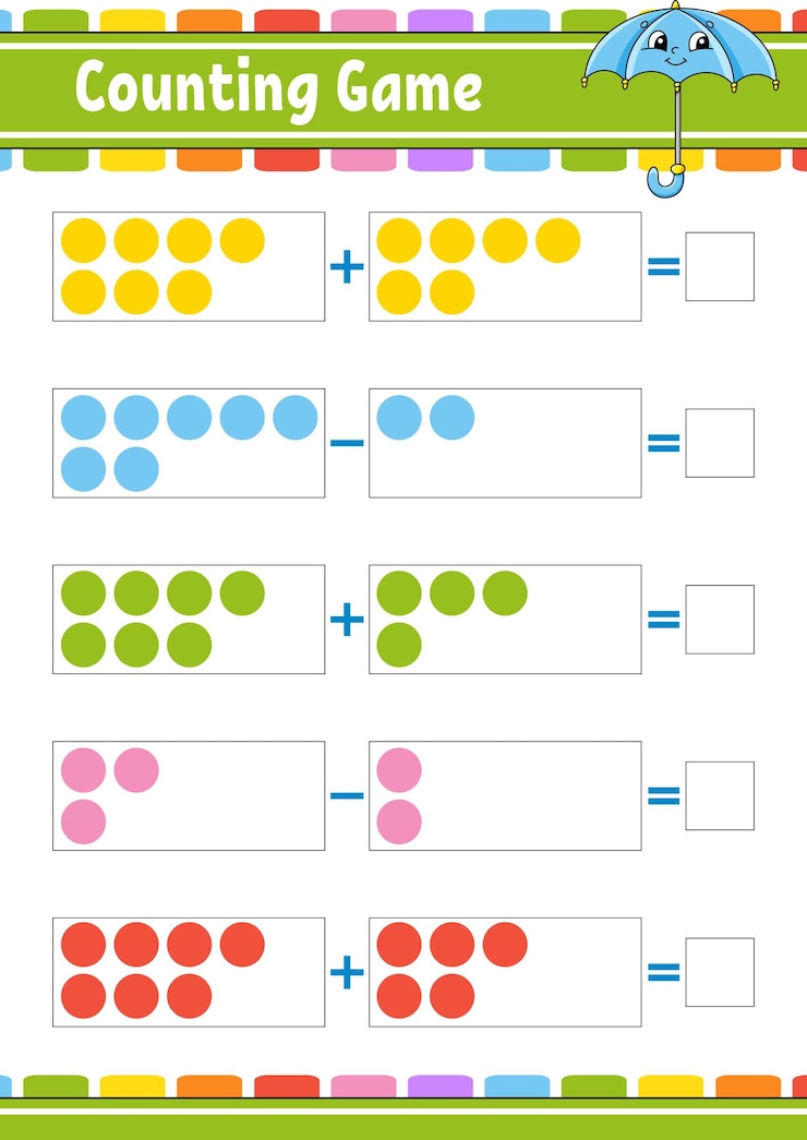 Vector tarea de suma y resta para niños hoja de trabajo de desarrollo educativo página de color de actividad juego para niños estilo de dibujos animados de personajes divertidos ilustración vectorial