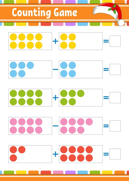 Tarea de suma y resta para niños Hoja de trabajo de desarrollo educativo Página de color de actividad Juego para niños