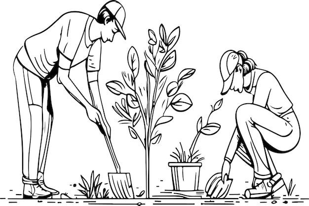 Tareas familiares Vector Silhouette jardinería, plantación y limpieza de jardines.