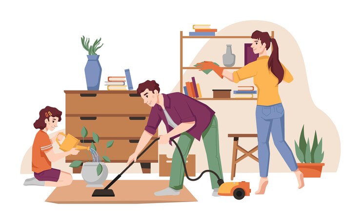 Vector las tareas del hogar, la familia limpia la casa, aspirar, ordenar