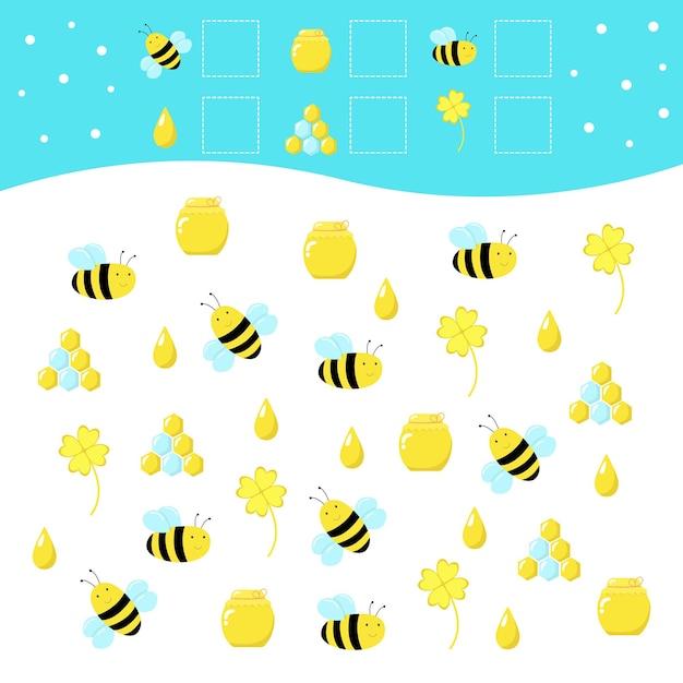 Tareas para niños en edad preescolar Ilustración brillante abejas panal miel flores