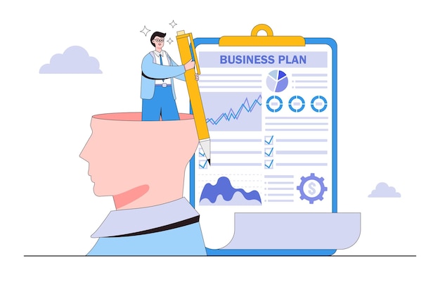 Tareas de trabajo de gestión de proyectos dirigidas a conceptos de lanzamiento de inicio de desarrollo empresarial el líder del hombre de negocios escribe una idea de planificación estratégica y un análisis de marketing usando un bolígrafo de una cabeza enorme