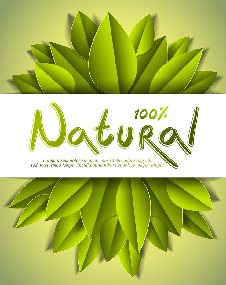 Vector tarjeta 100 por ciento natural con hojas verdes frescas, banner publicitario, diseño vectorial hecho en estilo realista de corte de papel.