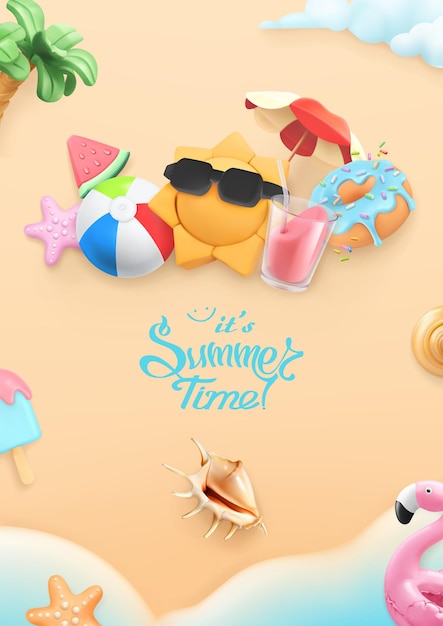 Tarjeta 3D de horario de verano con playa, sol, sombrilla, cóctel, concha