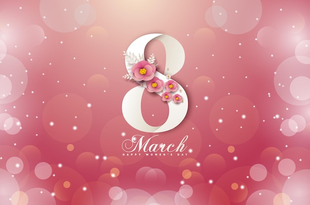 Tarjeta del 8 de marzo del día de la mujer con números y tarjeta con efecto bokeh.
