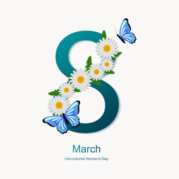 Tarjeta del 8 de marzo con margaritas y mariposas Día Internacional de la Mujer