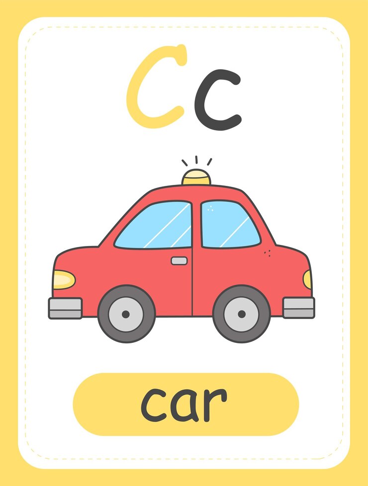 Vector tarjeta del abecedario para niños con la letra c y con un carro tarjeta educativa para niños la palabra carro