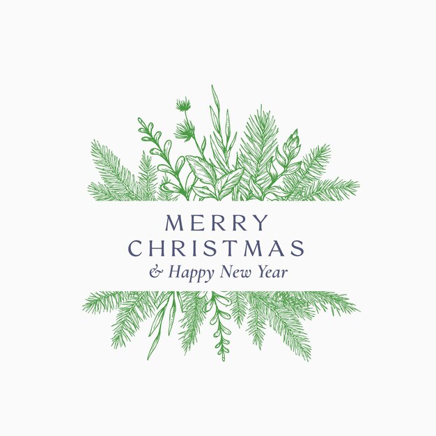 Tarjeta abstracta de feliz Navidad con logotipo botánico o tarjeta con marco