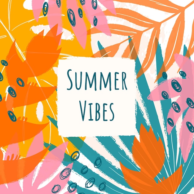 Tarjeta abstracta de verano con risografía y tipografía Hojas tropicales flores y garabates a mano dibujo estilo Grunge efecto textura plantilla para ventas de carteles de portada de banners de redes sociales