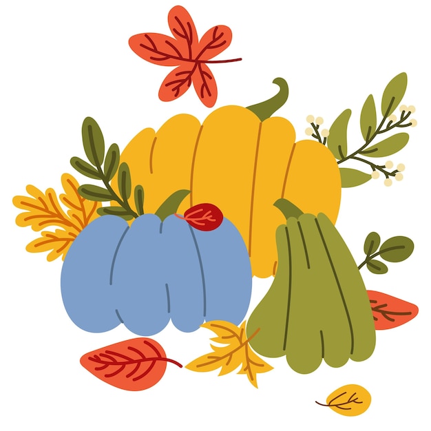 Tarjeta de Acción de Gracias con calabazas de colores y hojas de otoño Ilustración vectorial plana