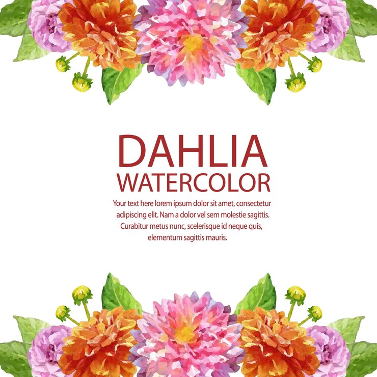 Tarjeta de acuarela de dalia con borde horizontal de marco