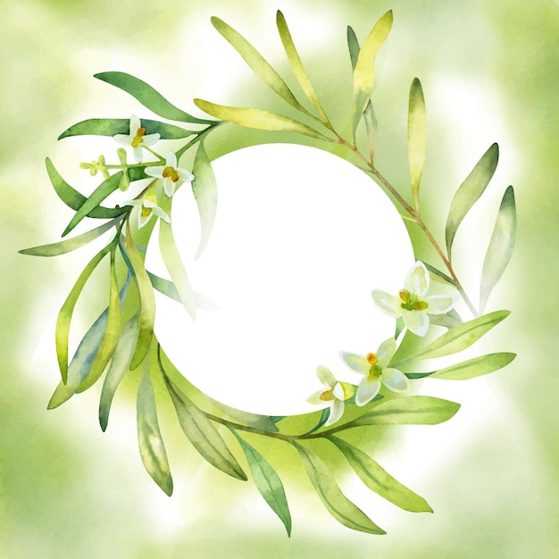 Tarjeta de acuarela con ilustración floral de una corona de ramas de olivo