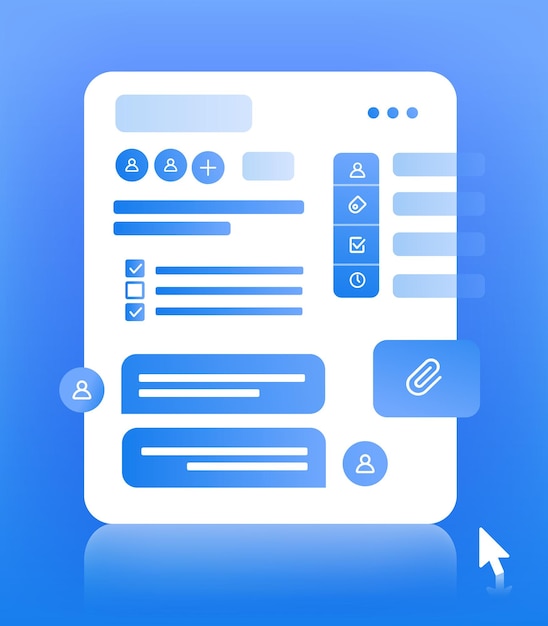 Tarjeta de administrador de tareas con lista de verificación y chat. ilustración vectorial