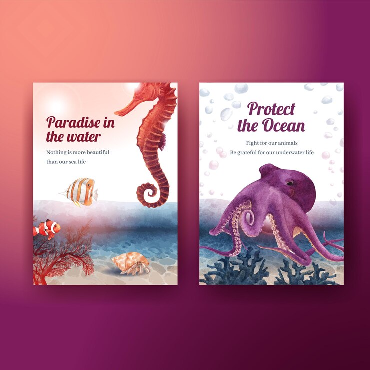 Tarjeta de agradecimiento con ilustración acuarela de diseño de concepto de vida marina