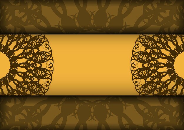 Tarjeta amarilla con patrón de mandala marrón para su diseño.