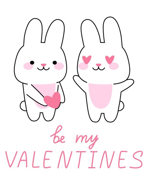 Tarjeta con amor pareja conejo Concepto día de san valentín Lindo conejito kawaii Be my valentines