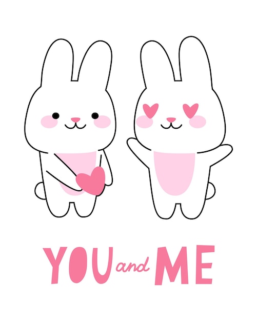 Tarjeta con amor pareja conejo Concepto día de San Valentín Lindo conejito kawaii
