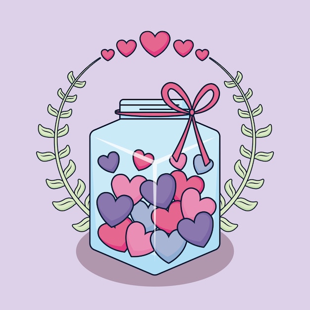 Tarjeta de amor con tarro y corazones.