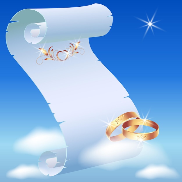 Tarjeta con anillos de boda en el cielo y rollo de pergamino en las nubes