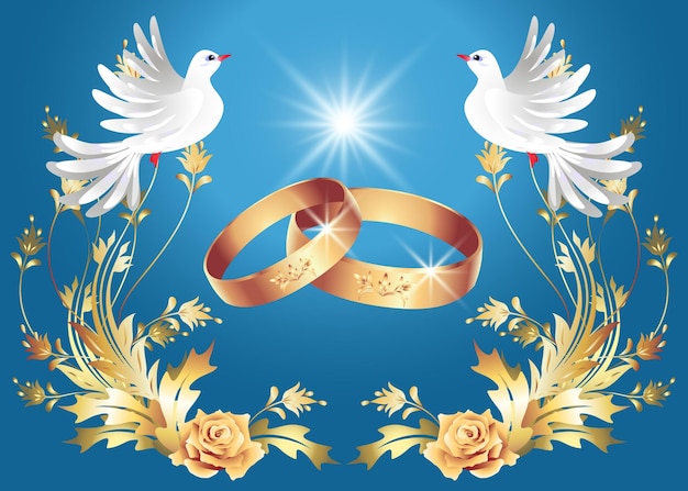 Vector tarjeta con anillos de boda y dos palomas.