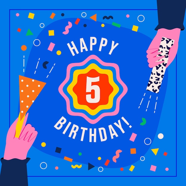 Tarjeta de aniversario de 5 años de diseño plano