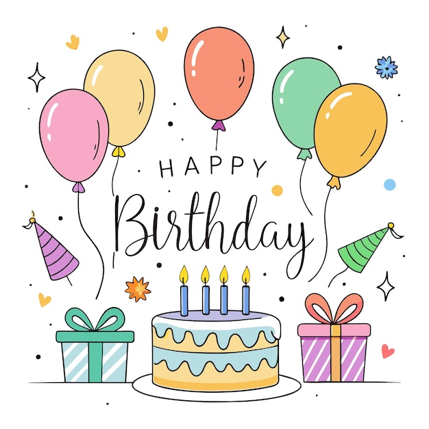 una tarjeta de aniversario con globos y un pastel de cumpleaños con un feliz cumpleaños en él