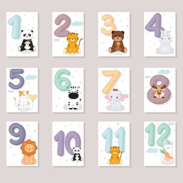 Vector tarjeta de aniversario del mes del bebé con números y animales.