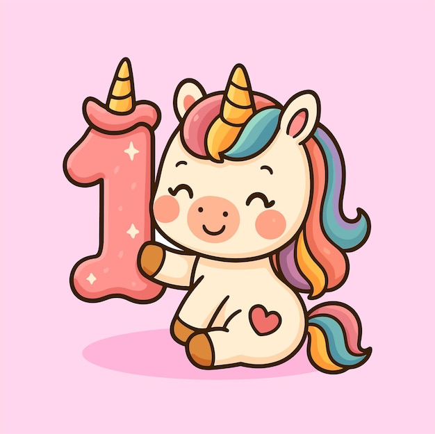 Tarjeta de aniversario o cumpleaños de unicornio dibujada a mano