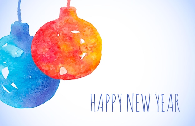 Tarjeta de año nuevo acuarela colorida vectorial con bolas de año nuevo. Se puede utilizar para páginas web, impresión, invitaciones, tarjetas, plantillas, etc.