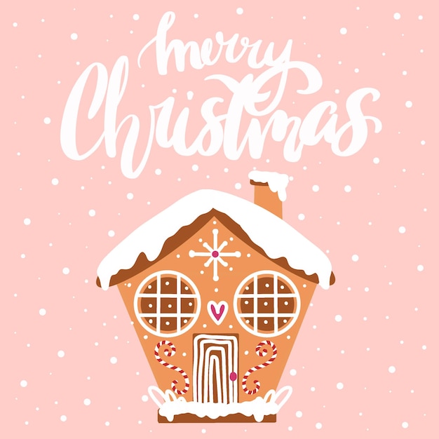 Tarjeta de año nuevo casa de pan de jengibre de navidad sobre un fondo rosa rotulación feliz navidad