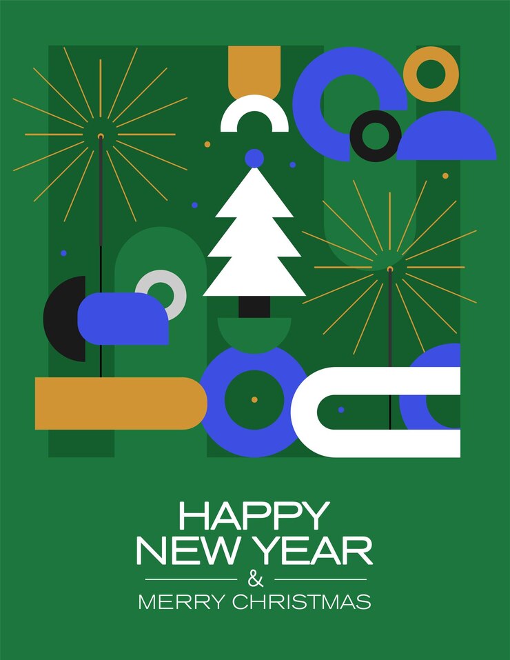Tarjeta de Año Nuevo con un diseño minimalista Formas de colores sobre un fondo verde