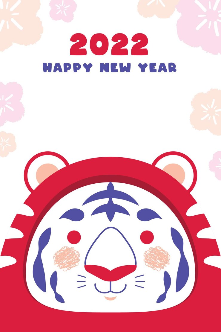 Tarjeta de año nuevo japonés 2022 Nengajo plantilla Daruma con cara de tigre
