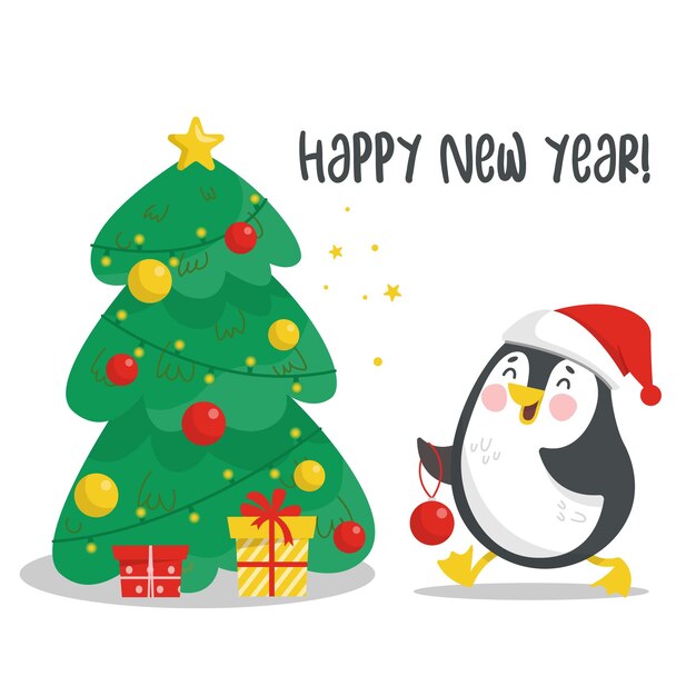 Tarjeta de año nuevo Lindo pingüino decorando el árbol de Navidad Feliz año nuevo Ilustración de dibujos animados de Navidad con lindo personaje Ilustración vectorial