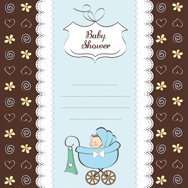 Tarjeta de anuncio de bebé niño con cochecito y bebé
