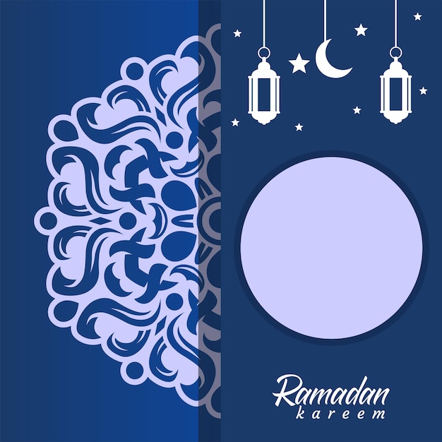 Una tarjeta azul y blanca con la imagen de una lámpara y una estrella y las palabras ramadán.