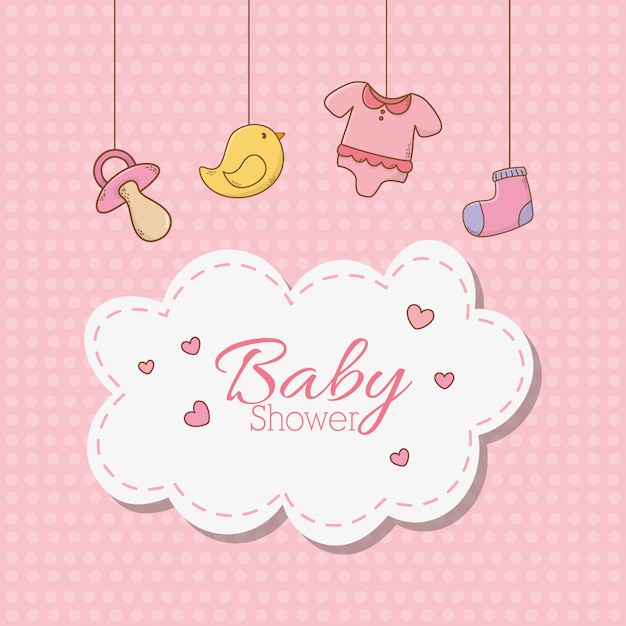 Tarjeta de baby shower con accesorios colgando