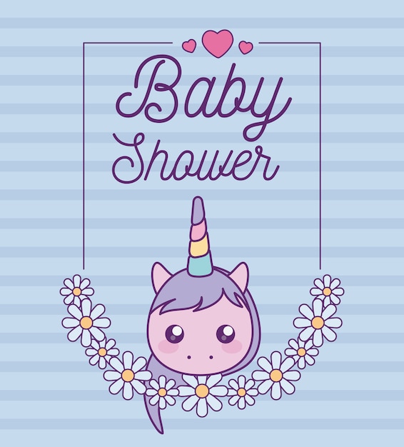 Tarjeta de baby shower con cabeza de lindo unicornio