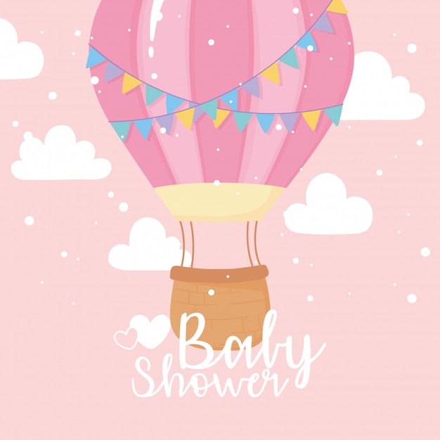 Tarjeta de baby shower, cielo de globo aerostático volando, tarjeta de celebración de bienvenida recién nacida