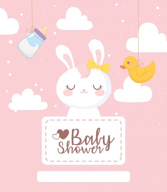 Tarjeta de baby shower, decoración de nubes de botella de leche de pato conejito