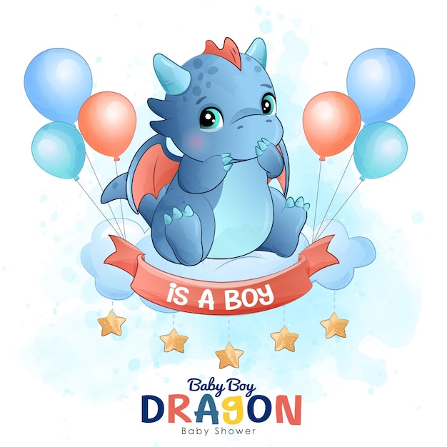 Una tarjeta de baby shower con un dragón azul y globos con las palabras es un niño.