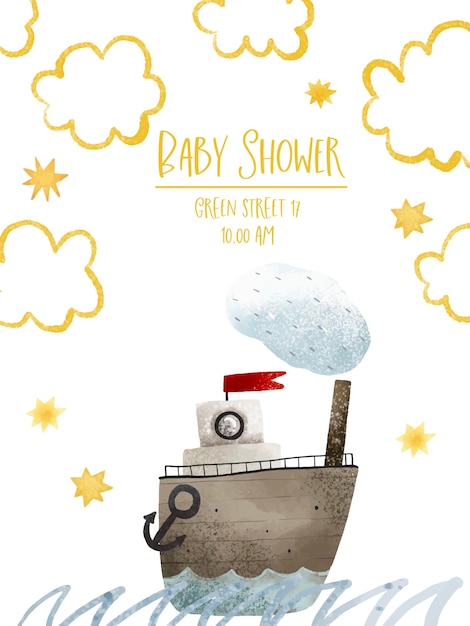 Vector tarjeta de baby shower con ilustración náutica de transporte marítimo diseño oceánico aventura acuática