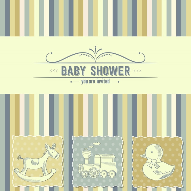 Tarjeta de Baby Shower con juguetes retro