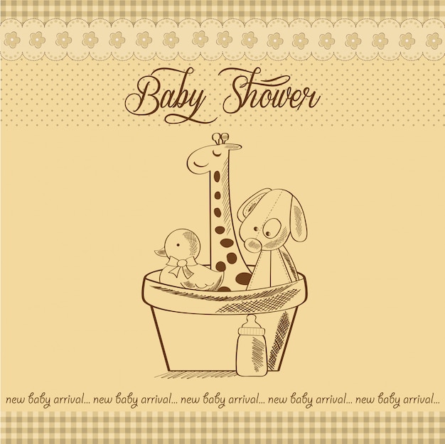 Tarjeta de baby shower con juguetes retro