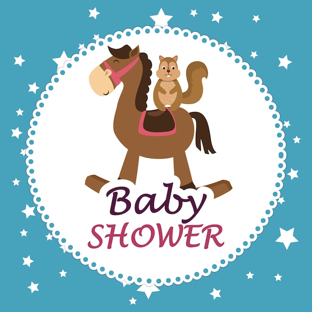 Tarjeta de baby shower con linda ardilla en caballo de madera