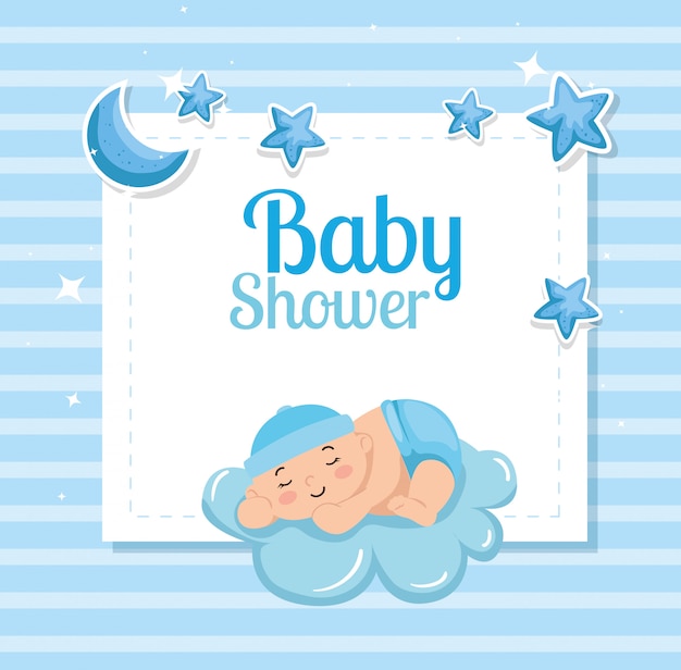 Vector tarjeta de baby shower con lindo niño pequeño y decoración