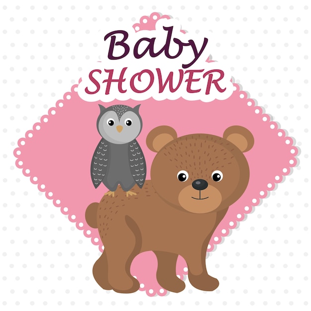 Vector tarjeta de baby shower con lindo oso y búho