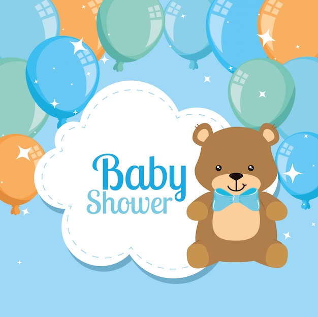 Vector tarjeta de baby shower con lindo oso y globos de helio