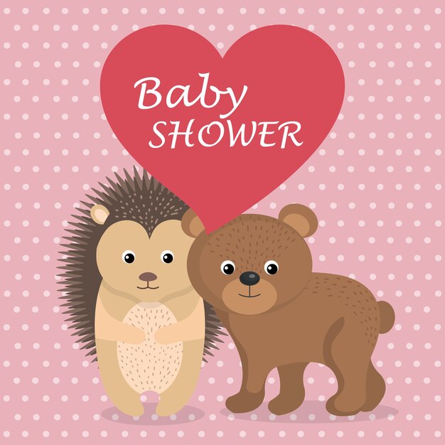 Vector tarjeta de baby shower con lindo puercoespín y oso