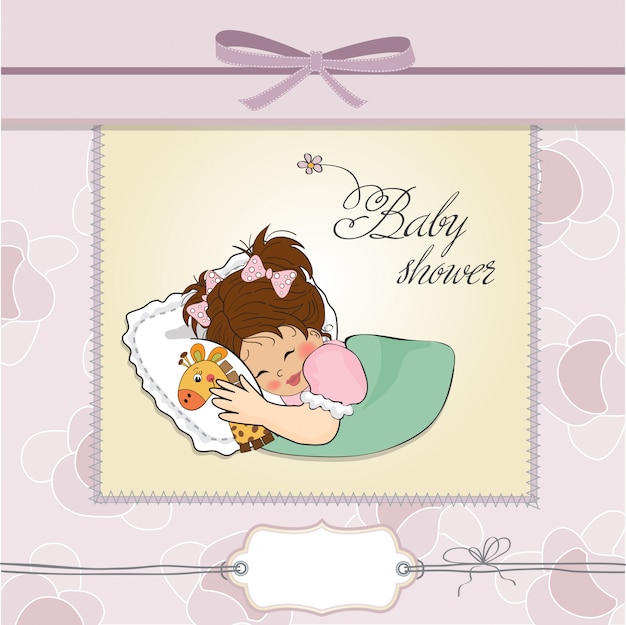 Vector tarjeta de baby shower con niña y su juguete