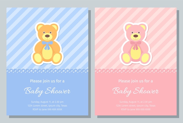 Tarjeta de baby shower. . niño, niña invitar. fondo de fiesta de nacimiento. lindo diseño azul, rosa. banner de invitación de plantilla de bienvenida. cartel de vacaciones de saludo feliz con oso de peluche. ilustración plana.